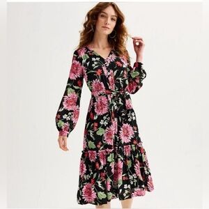 Draper James RSVP Black and Pink Floral Long Sleeve Dress Size Small